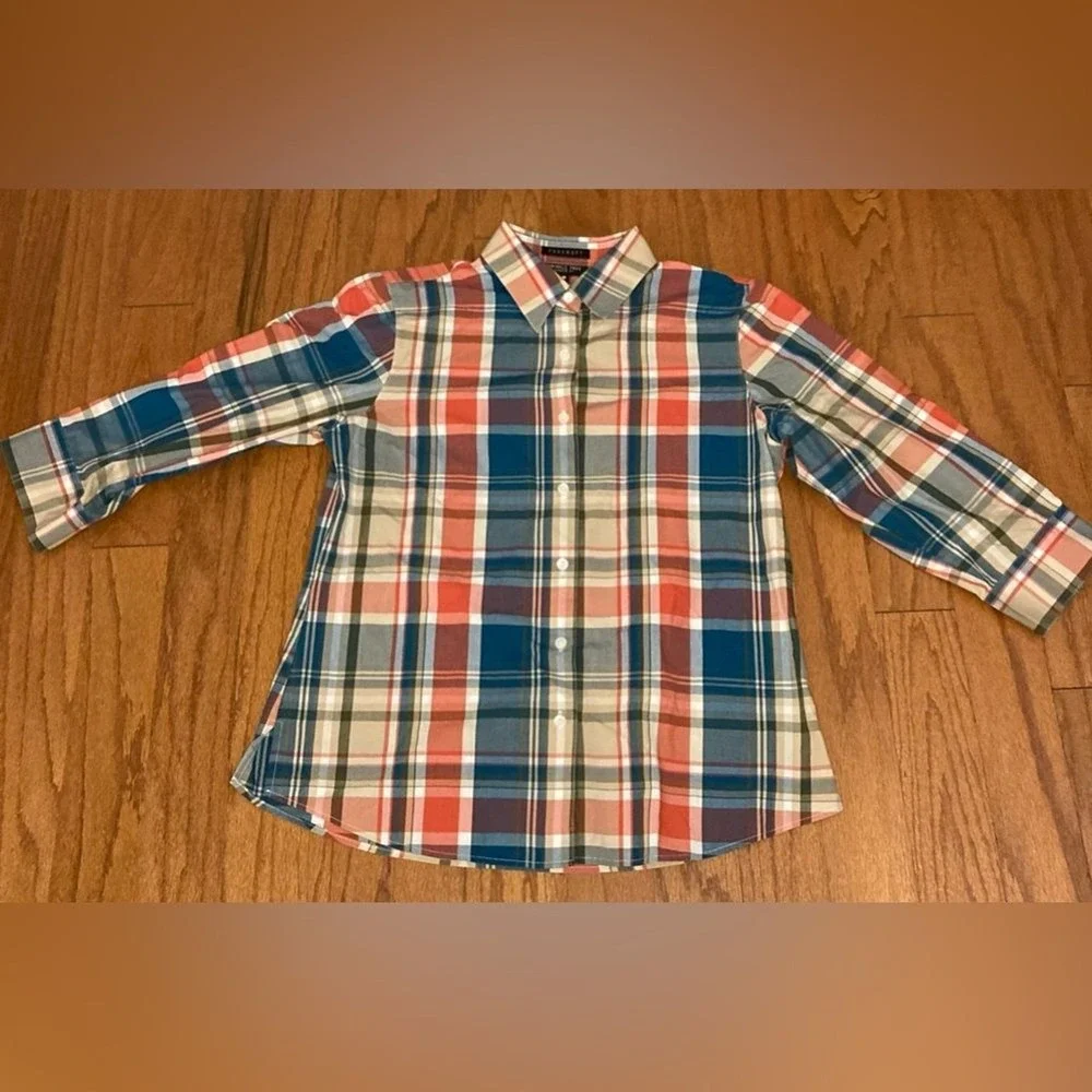 Foxcroft Wrinkle Free Plaid Button Down Shirt Mens 8 Shaped Fit 3/4 Sleeve Multi